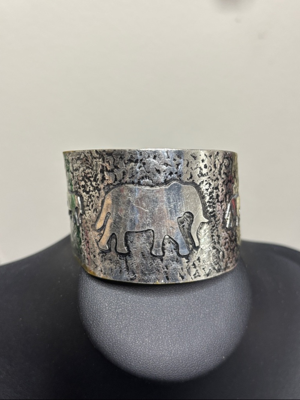Tribal Elephant ? Hammered Silver Tone Cuff Bracelet